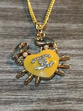 CC Chanel Gold Mustard Yellow Crab Zipper Pull Charm Pendant Upcycled Necklace